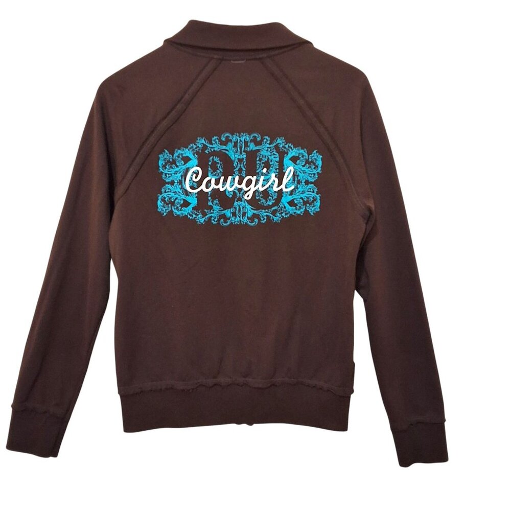 RU Cowgirl Womens XL Brown Zip-Up Jacket W/Turquoise Graphic Print‎ Western Boho
